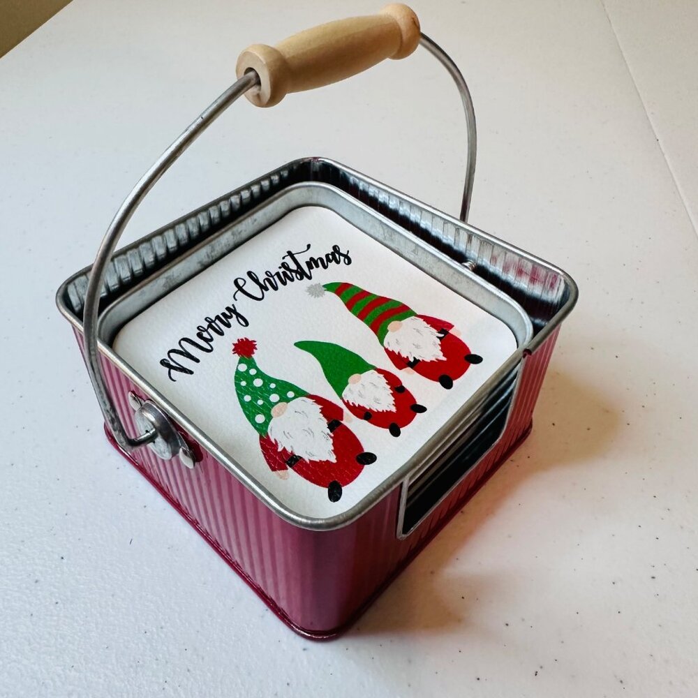 Holiday Christmas Gnome Coaster Set 4 tin coasters plus holder with handle